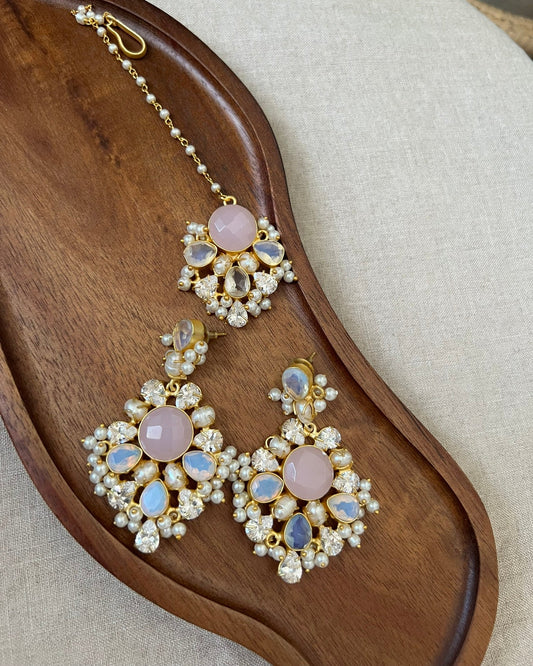 Rose Quartz & Opal Statement Earrings with Swarovski & Pearls Tikka Set - Item 28