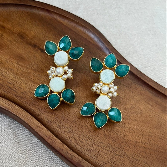 Emerald Green & Pearl Floral Earrings with Mini Pearl Clusters - Item 29