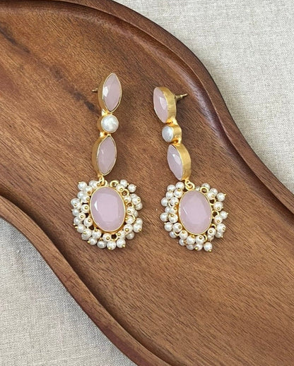 Blush Pink Rose Quartz Pearl Drop Earrings - Item 30