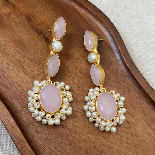 Blush Pink Rose Quartz Pearl Drop Earrings - Item 30