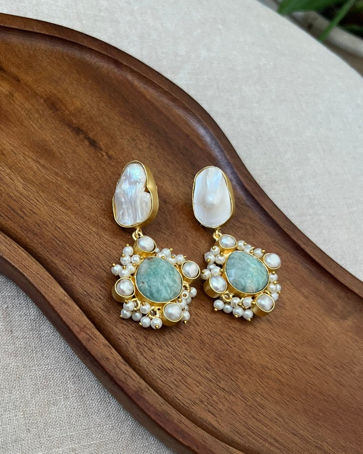 Baroque Pearl and Amazonite Stone Earrings - Item 31