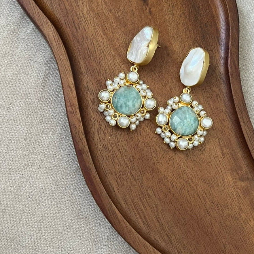 Baroque Pearl and Amazonite Stone Earrings - Item 31