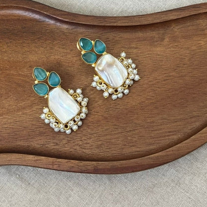 Baroque Pearl & Mini Pearl Clusters Aqua Stud Earrings - Item 33