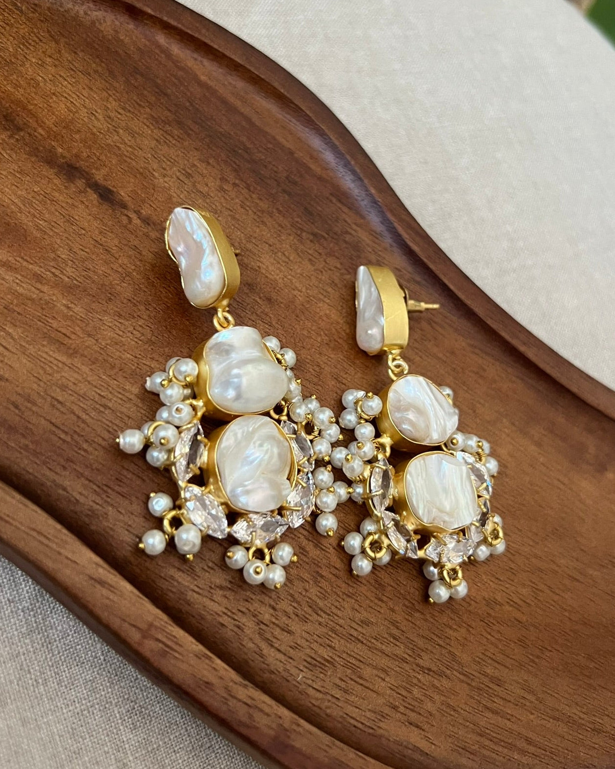 Baroque Pearl, Mini Pearl Clusters & Swarovski Drop Earrings - Item 32