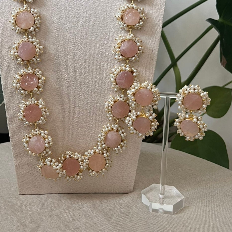 Blush Pink Sugar Druzy Stone Surrounded by Mini Pearl Clusters Statement Mala Necklace Set - Item 35