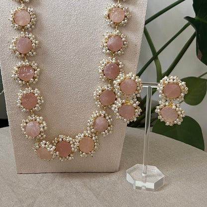 Blush Pink Sugar Druzy Stone Surrounded by Mini Pearl Clusters Statement Mala Necklace Set - Item 35