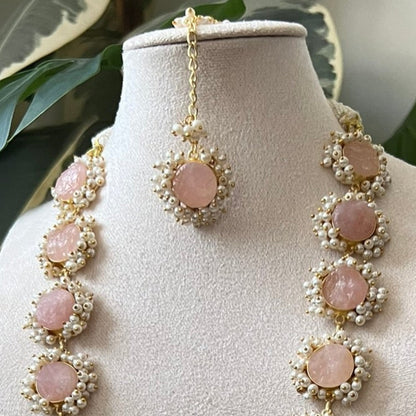 Blush Pink Sugar Druzy Stone Surrounded by Mini Pearl Clusters Statement Mala Necklace Set - Item 35
