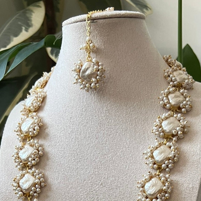 Elegant Baroque Pearl & Beaded Statement Mala Necklace Set - Item 36