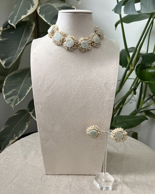 Natural Mint Stones Encircled with Mini Pearl Clusters
