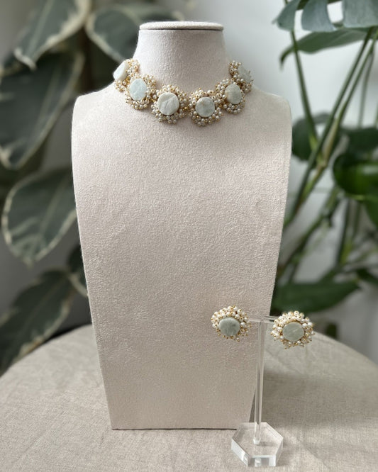 Natural Mint Stones Encircled with Mini Pearl Clusters - Item M