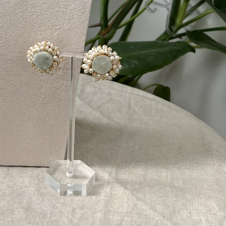 Natural Mint Stones Encircled with Mini Pearl Clusters