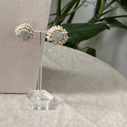 Natural Mint Stones Encircled with Mini Pearl Clusters