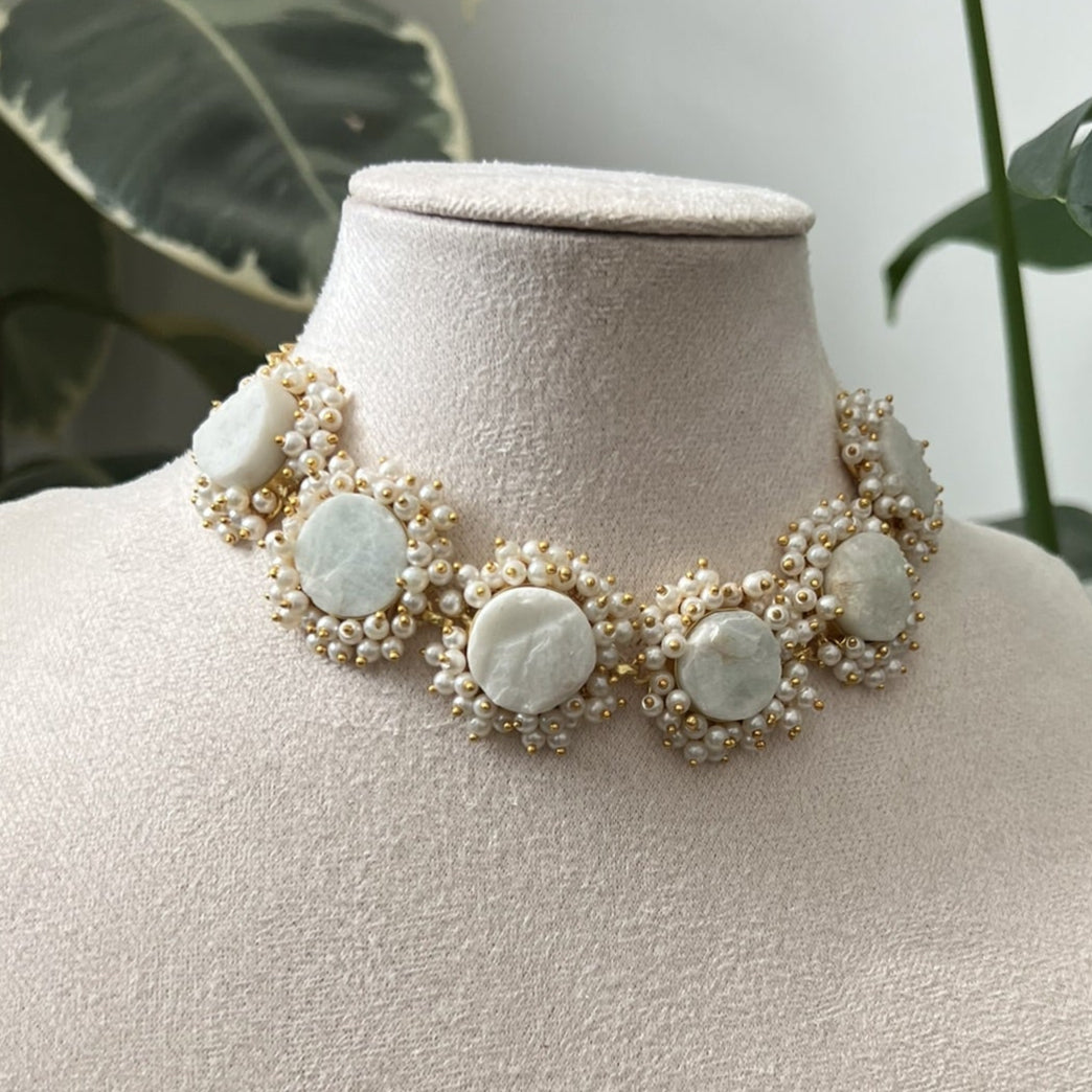 Natural Mint Stones Encircled with Mini Pearl Clusters