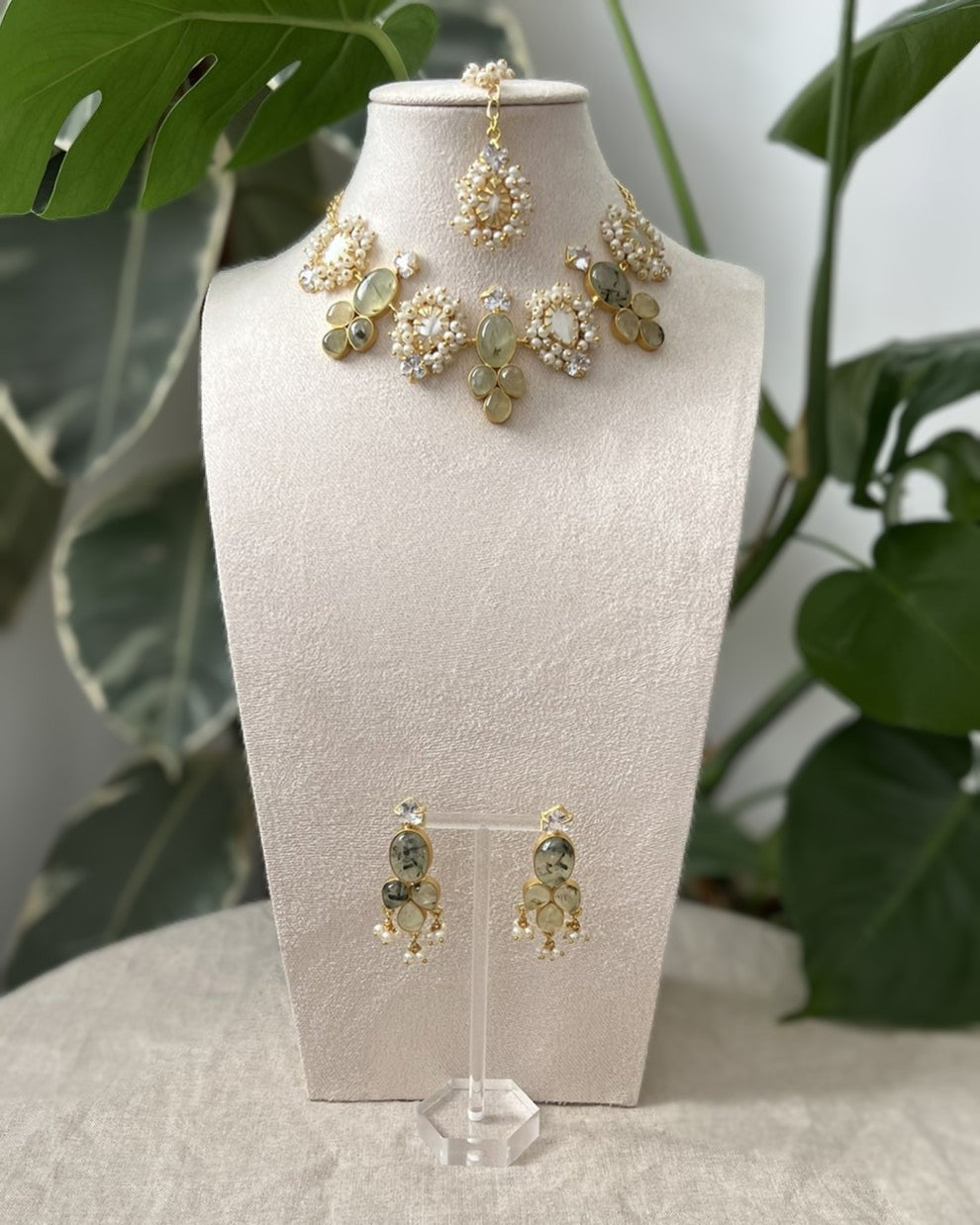 Natural Green Prehnite Stones, Lustrous Pearls & Sparkling Swarovski - Item 42