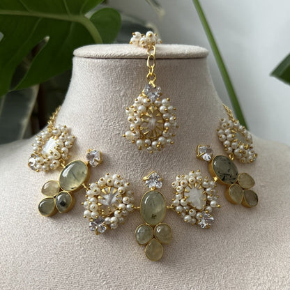 Natural Green Prehnite Stones, Lustrous Pearls & Sparkling Swarovski