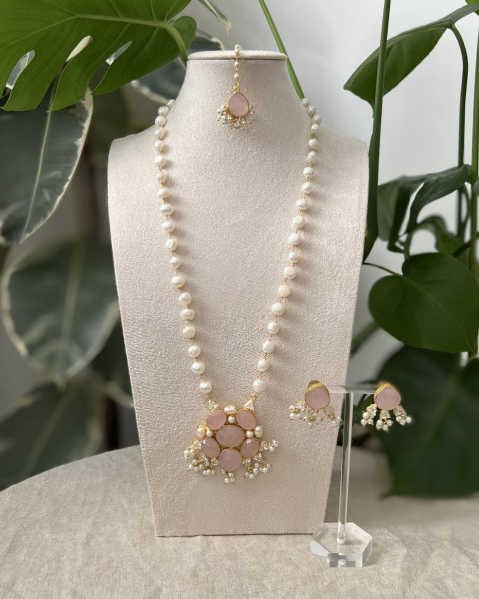 Pearl Mala Set Beads of Freshwater Pearls combined with Rose Quartz & Swarovski - Item 41