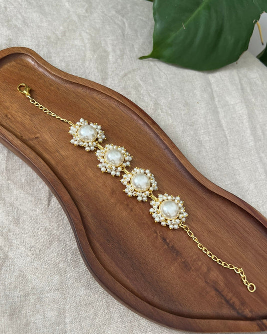 Mother of Pearl Gold Chain Bracelet Encircled by Mini Pearl Clusters