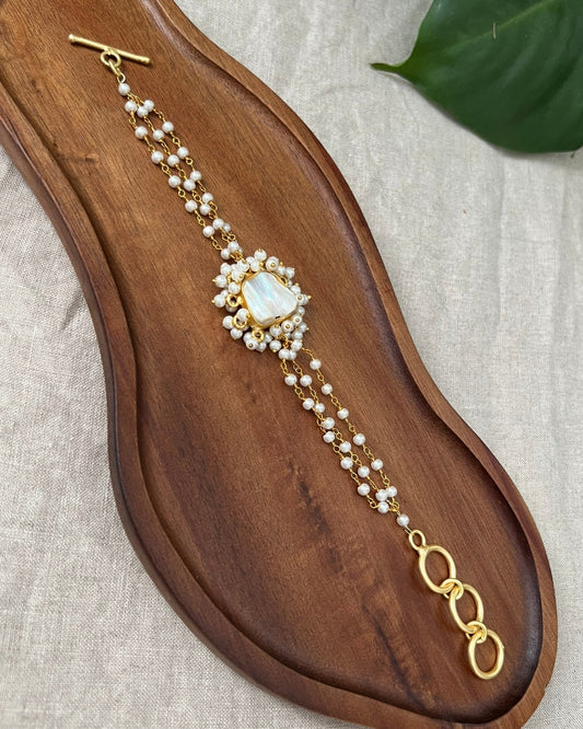 Baroque Pearl Gold Chain & Pearl Bracelet Encircled by Pearl Clusters