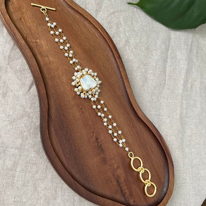 Baroque Pearl Gold Chain & Pearl Bracelet Encircled by Pearl Clusters