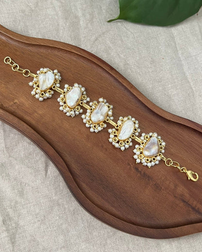 Baroque Pearl Gold Chain Bracelet Encircled by Mini Pearl Clusters