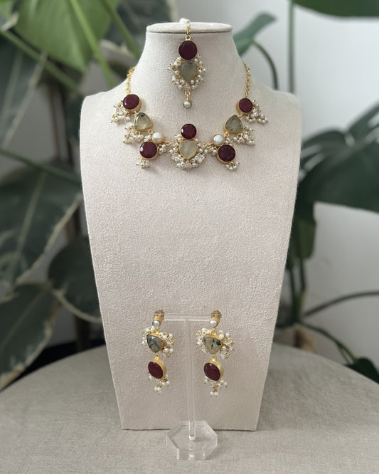 Green Prehnite & Dark Red Stones Surrounded by Pearls and Swarovski - Item W2