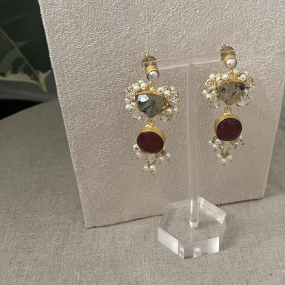 Green Prehnite & Dark Red Stones Surrounded by Pearls and Swarovski - Item W2