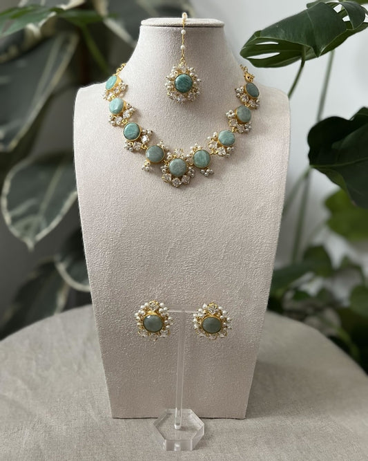 Sea Blue Amazonite Stone surrounded by Sparkling Swarovski and Pearls - Item L