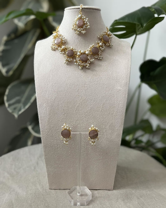 Natural Semi-Precious Peach Moonstone with Pearls and Swarovski - Item N
