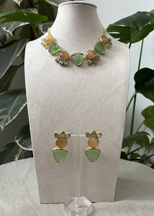 Engraved Floral Earthy Toned Green & Peach Jewellery Set - Item P