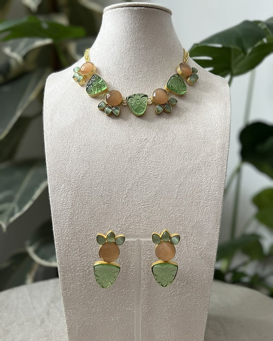 Engraved Floral Earthy Toned Green & Peach Jewellery Set - Item P