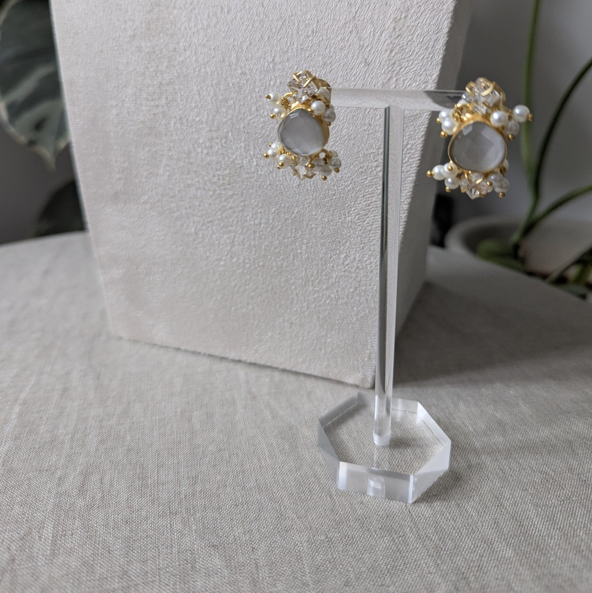 Iridescent Grey Toned Opalite Stones with Mini Pearl Clusters & Swarovski - Item 24A