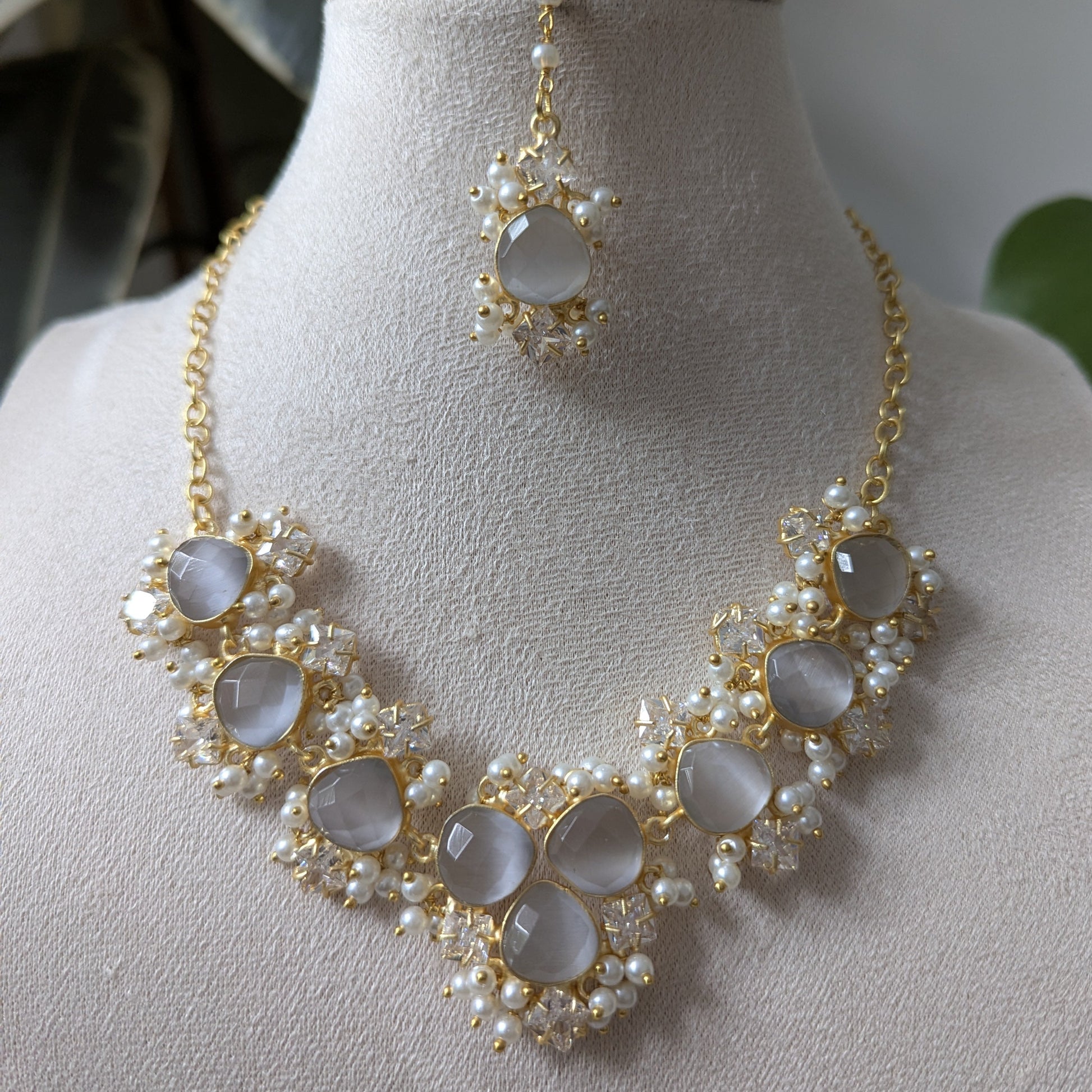Iridescent Grey Toned Opalite Stones with Mini Pearl Clusters & Swarovski - Item 24A