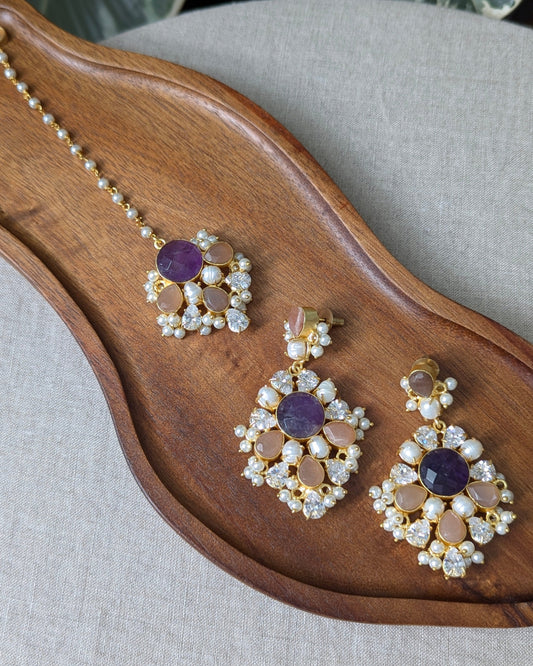 Purple Amethyst & Peach Morganite Statement Earrings with Swarovski & Pearls Tikka Set - Item 57