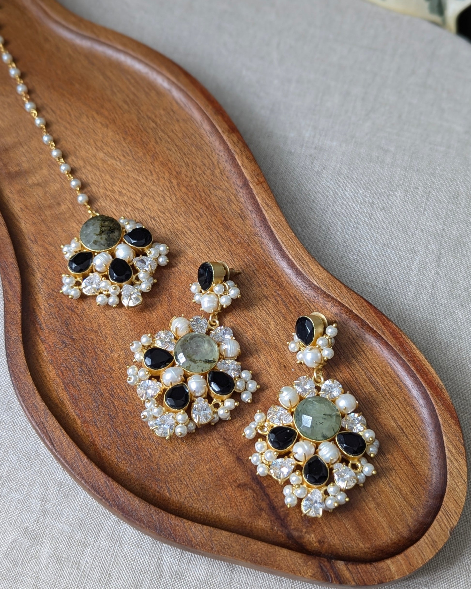 Black Jade & Green Prehnite Statement Earrings with Swarovski & Pearls Tikka Set - Item 58
