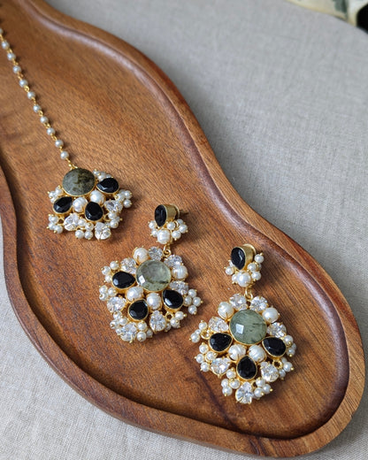 Black Jade & Green Prehnite Statement Earrings with Swarovski & Pearls Tikka Set - Item 58