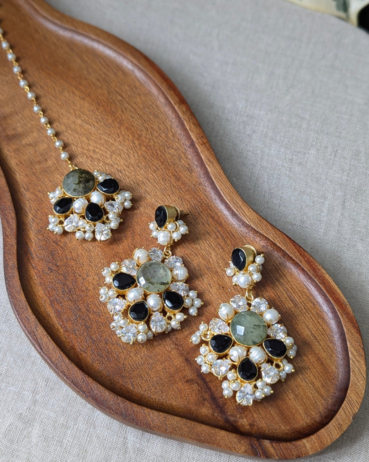Black Jade & Green Prehnite Statement Earrings with Swarovski & Pearls Tikka Set - Item 58
