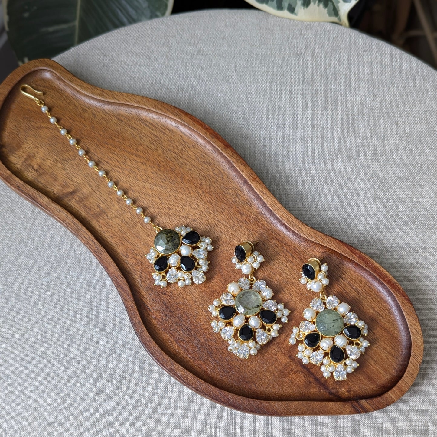 Black Jade & Green Prehnite Statement Earrings with Swarovski & Pearls Tikka Set - Item 58