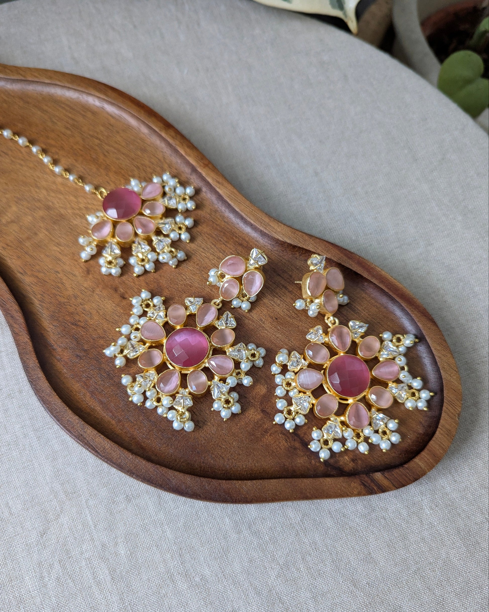 Floral Rose Quartz Pink Shades Statement Earrings & Tikka Set with Swarovski & Pearls - Item 43