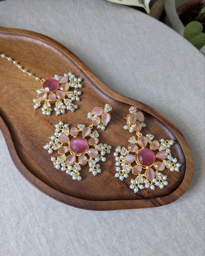 Floral Rose Quartz Pink Shades Statement Earrings & Tikka Set with Swarovski & Pearls - Item 43