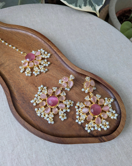 Floral Rose Quartz Pink Shades Statement Earrings & Tikka Set with Swarovski & Pearls - Item 43