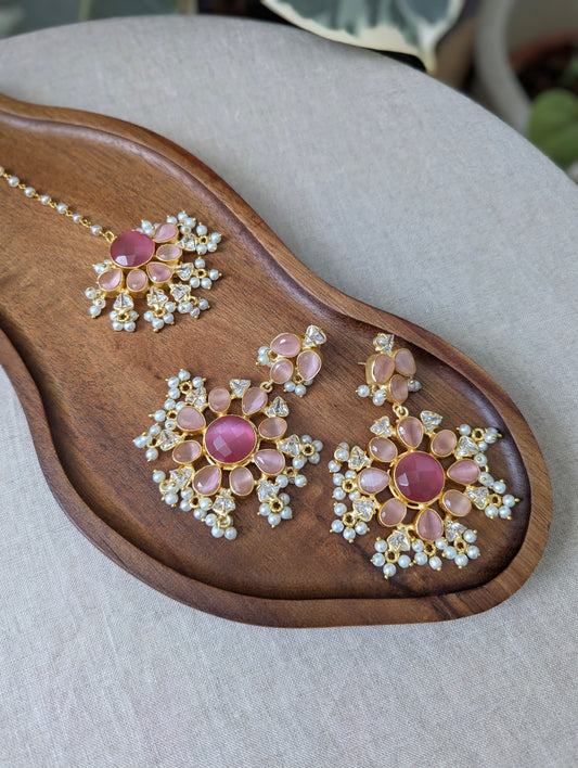 Floral Rose Quartz Pink Shades Statement Earrings & Tikka Set with Swarovski & Pearls - Item 43