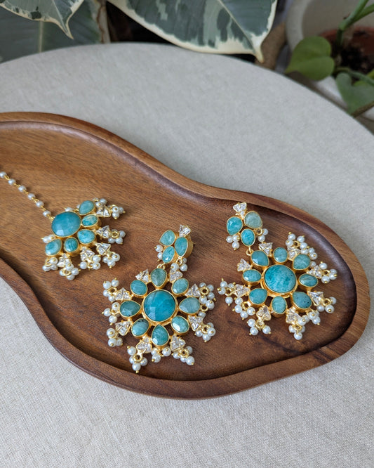Floral Blue Amazonite Statement Earrings & Tikka Set with Swarovski & Pearls - Item 44