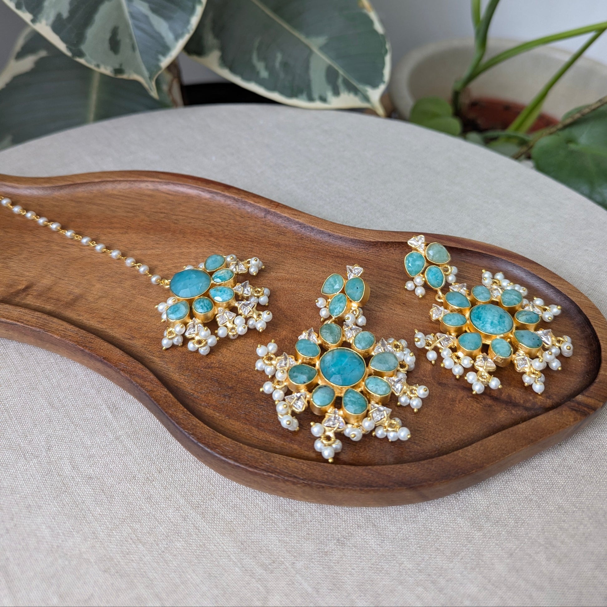 Floral Blue Amazonite Statement Earrings & Tikka Set with Swarovski & Pearls - Item 44