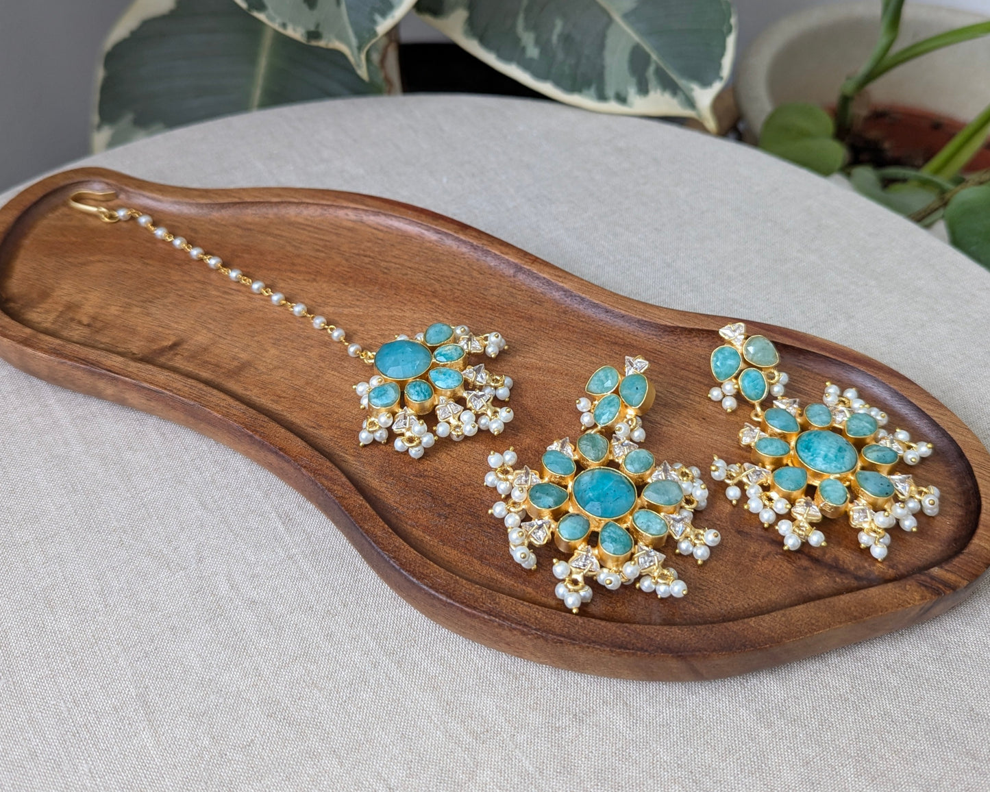 Floral Blue Amazonite Statement Earrings & Tikka Set with Swarovski & Pearls - Item 44