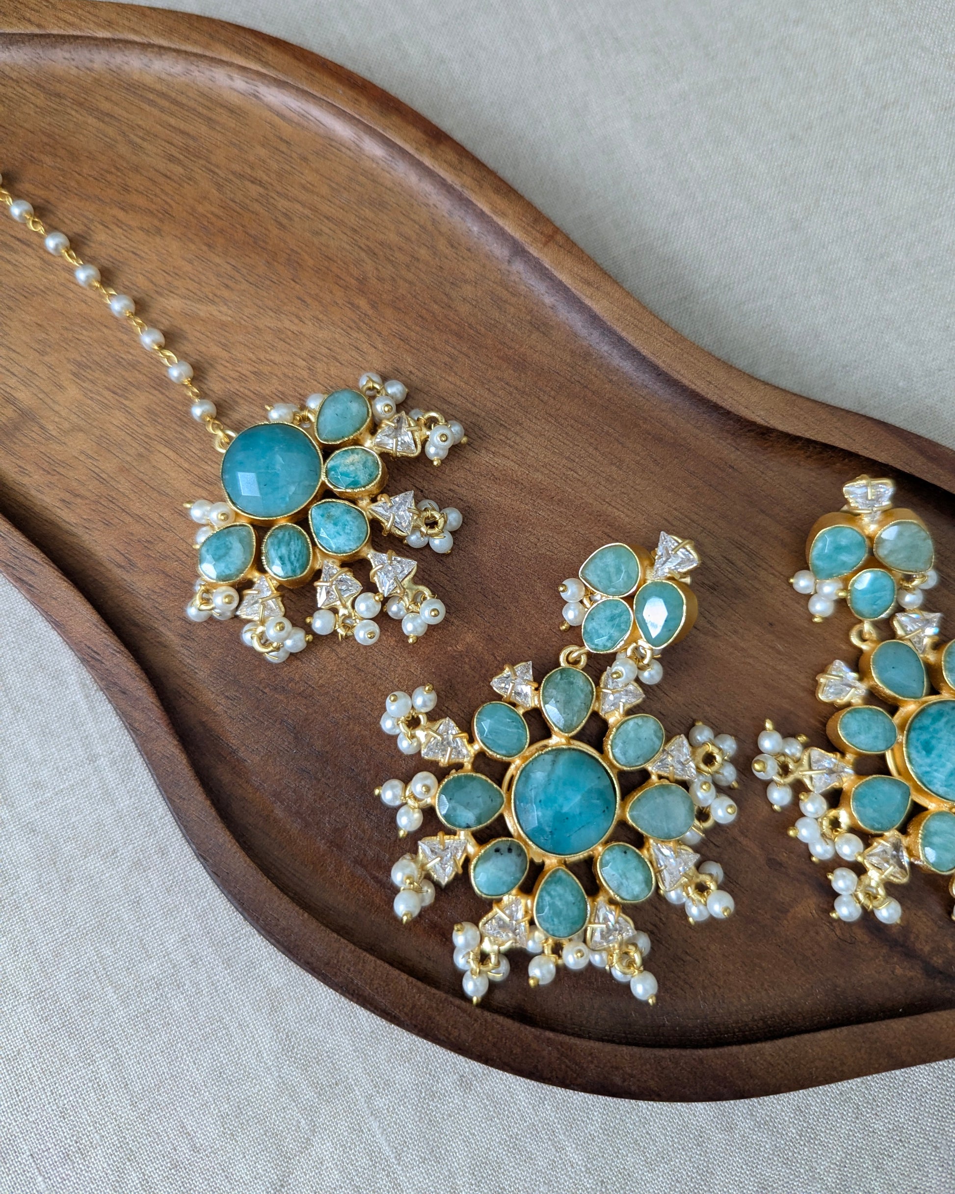 Floral Blue Amazonite Statement Earrings & Tikka Set with Swarovski & Pearls - Item 44