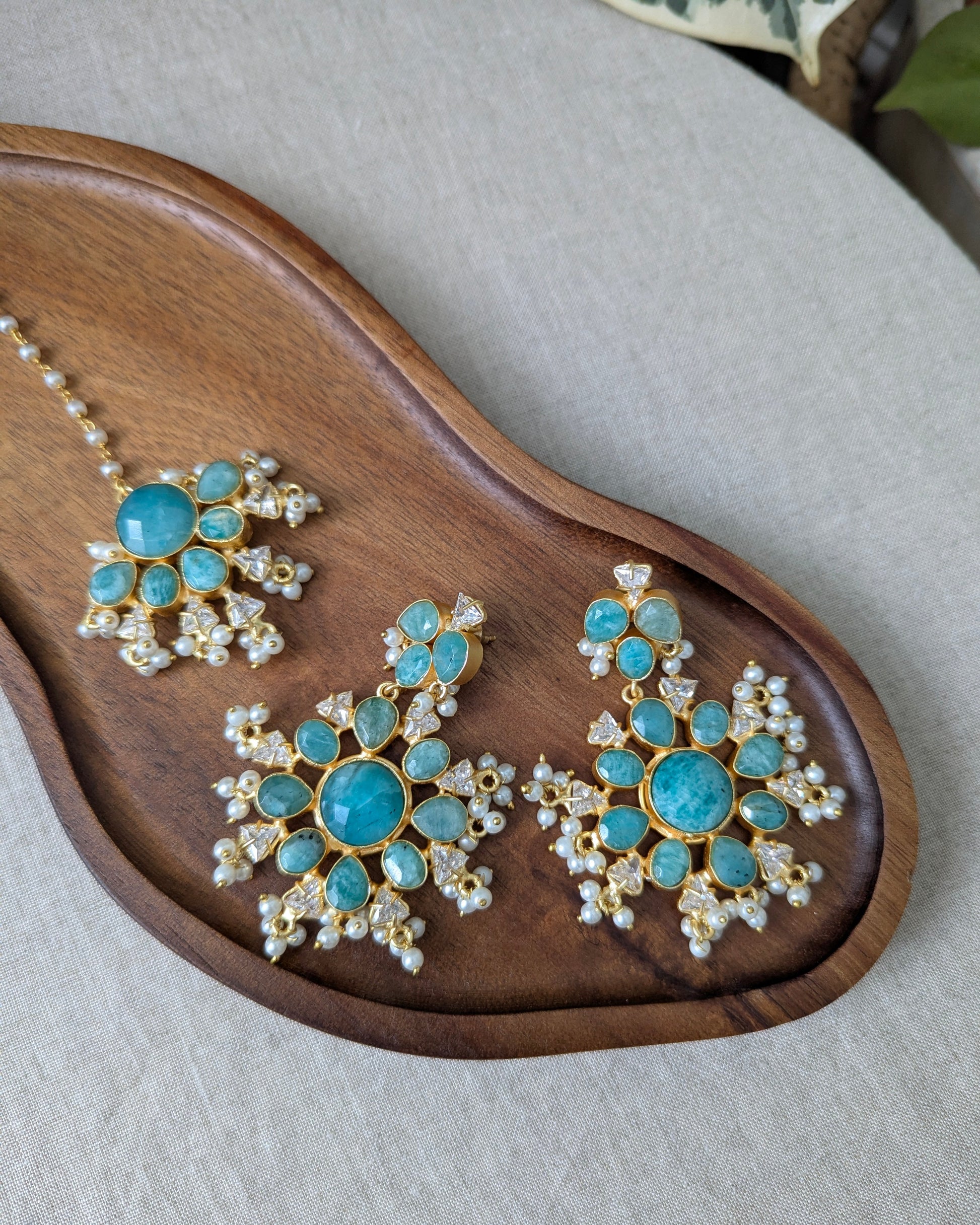 Floral Blue Amazonite Statement Earrings & Tikka Set with Swarovski & Pearls - Item 44