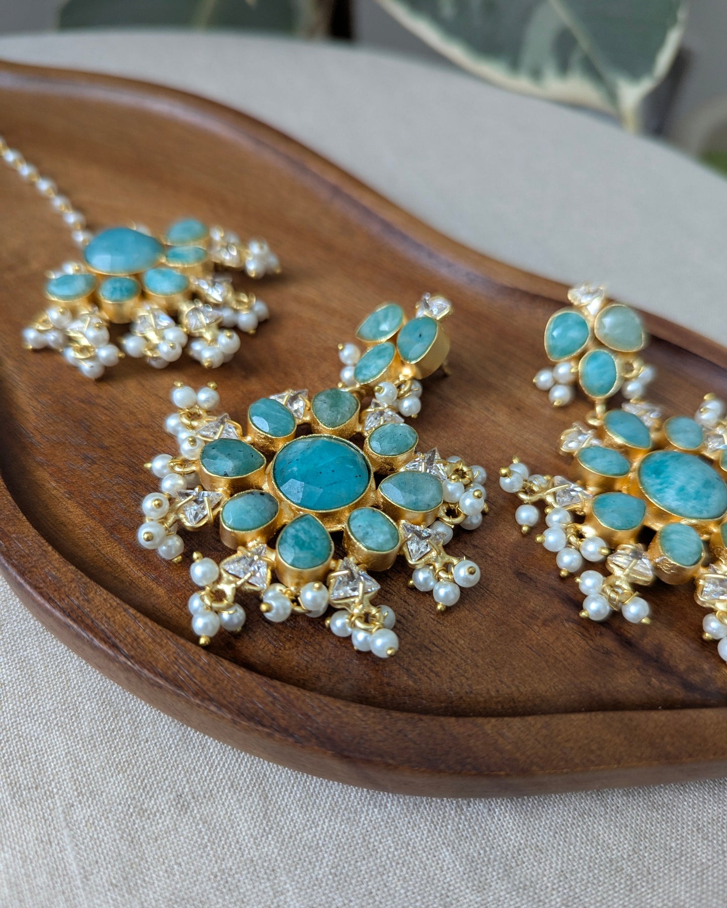 Floral Blue Amazonite Statement Earrings & Tikka Set with Swarovski & Pearls - Item 44