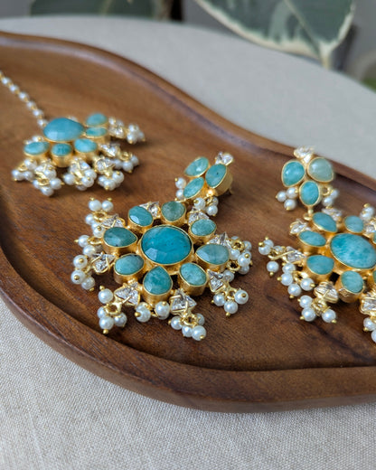 Floral Blue Amazonite Statement Earrings & Tikka Set with Swarovski & Pearls - Item 44