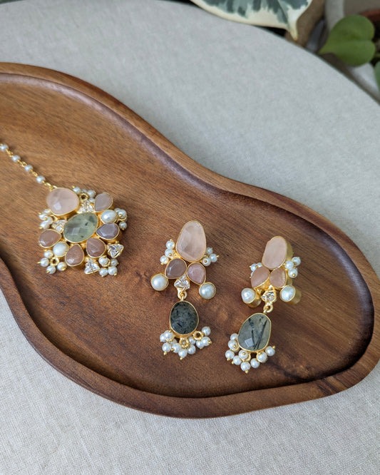 Rose Quartz, Peach Morganite & Green Prehnite Statement Earrings & Tikka Set with Swarovski & Pearls - Item 45