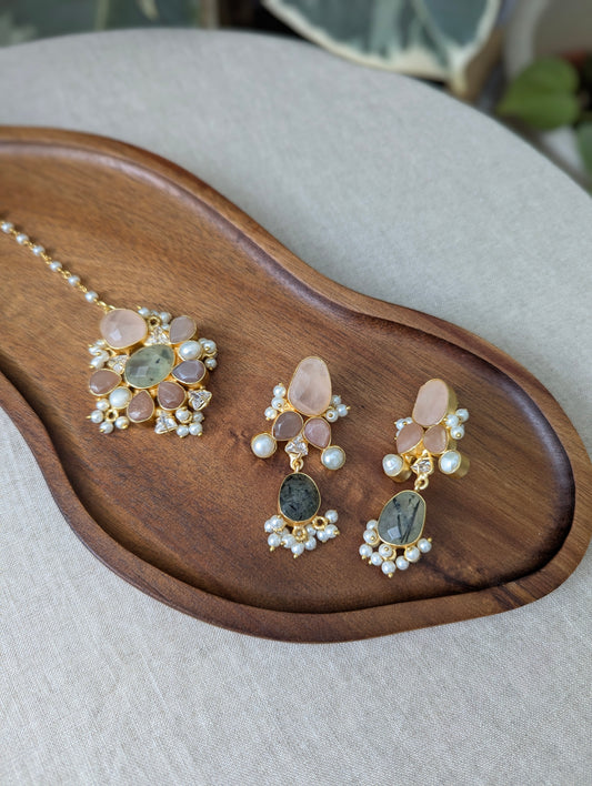 Rose Quartz, Peach Morganite & Green Prehnite Statement Earrings & Tikka Set with Swarovski & Pearls - Item 45